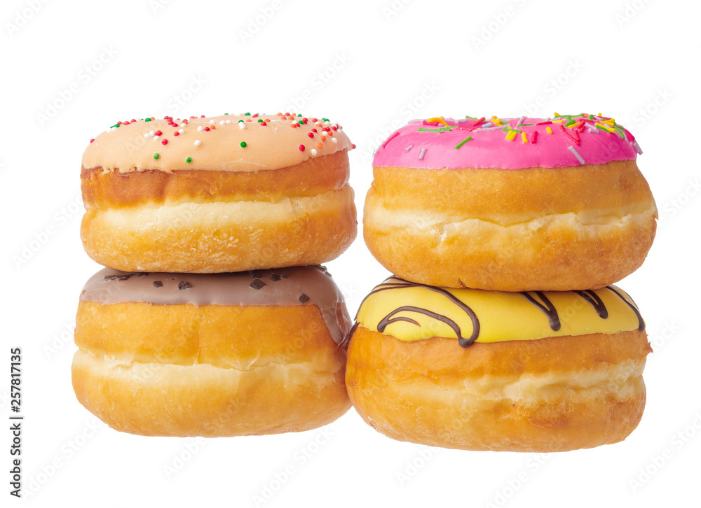 Delicious colorful donuts isolated on white background