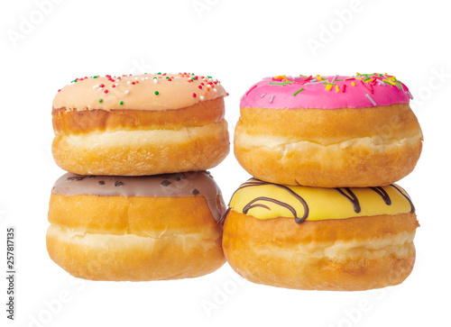 Delicious colorful donuts isolated on white background