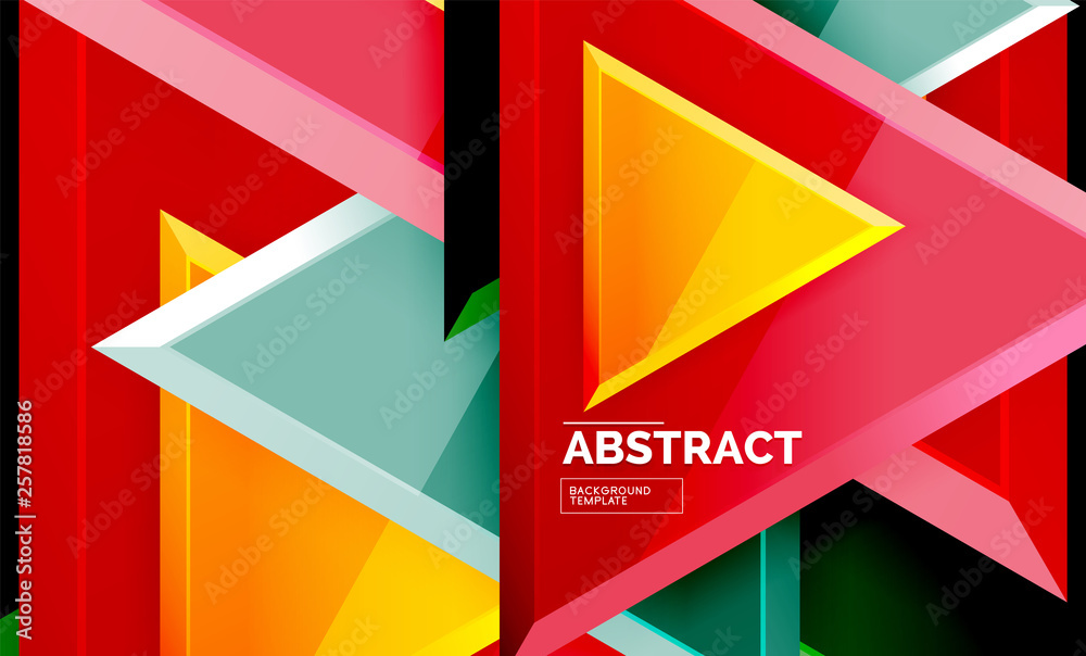 Triangles repetiton geometric abstract background, multicolored glossy triangular shapes, hi-tech poster cover design or web presentation template with copy space Triangles repetiton geometric abstract background, multicolored glossy triangular shapes, hi-tech poster cover design or web presentation template with copy space