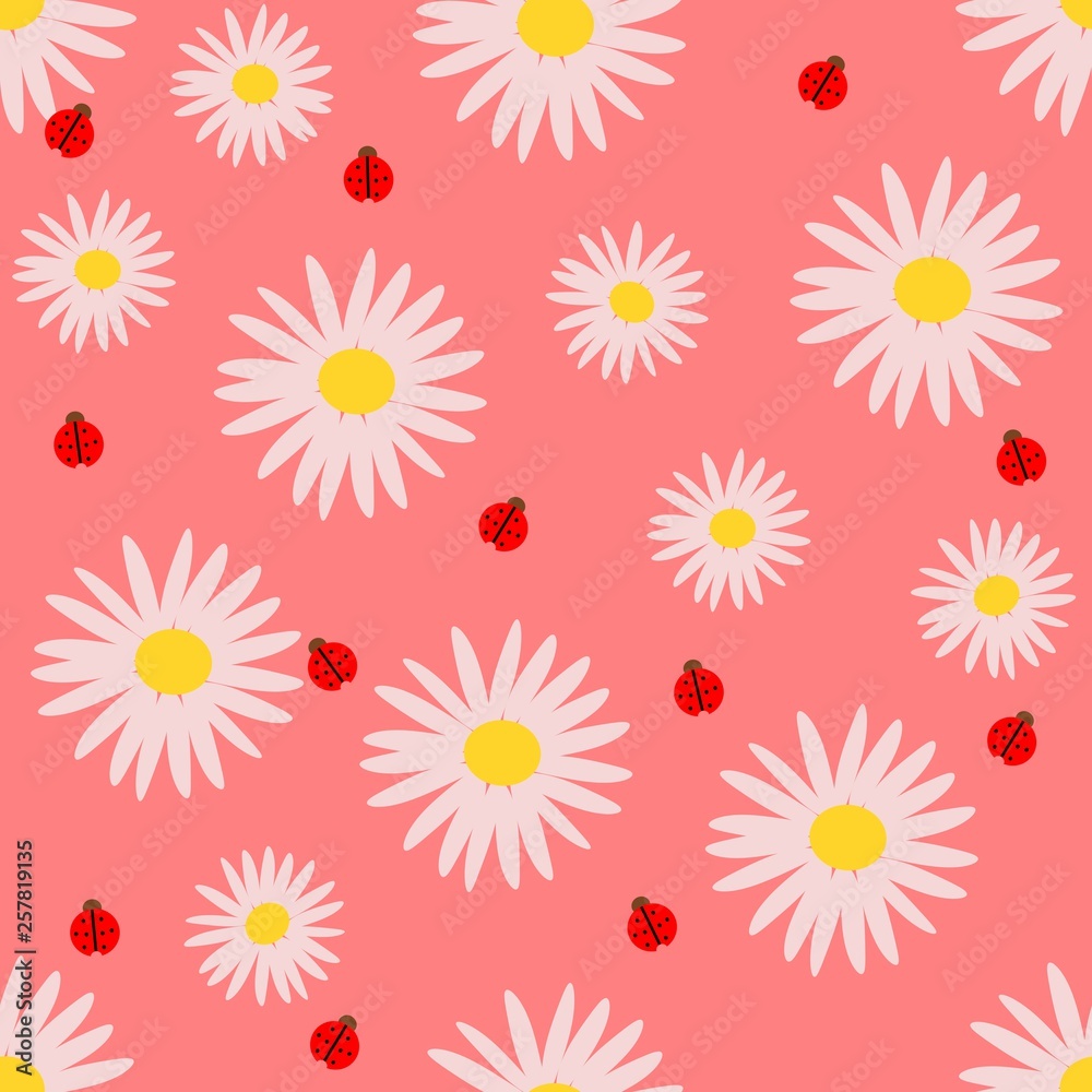 Obraz premium Daisy flowers and ladybugs seamless vector background