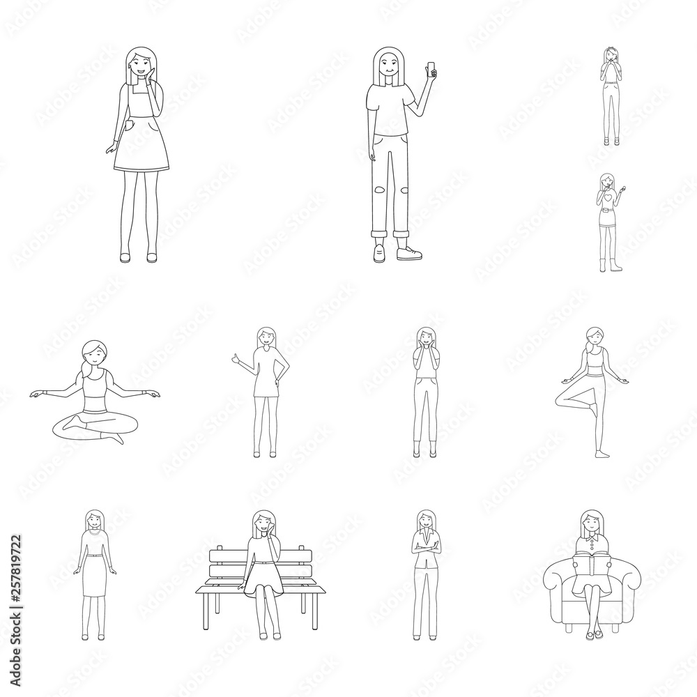 Isolated object of posture and mood sign. Set of posture and female stock vector illustration.