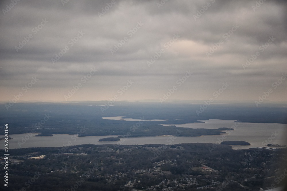 Cloudy Storm, Aerial view of J Percy Priest Reservoir outside of Nashville Tennessee. United States.