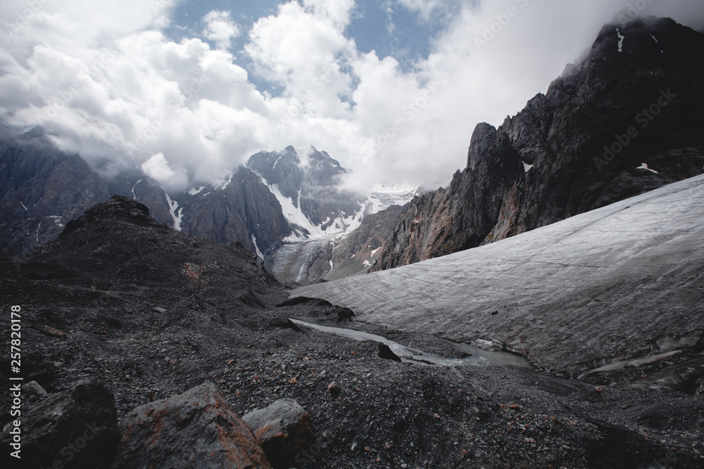 Snow-capped peaks of the Altai mountains in Russia. Aktru glacier, July