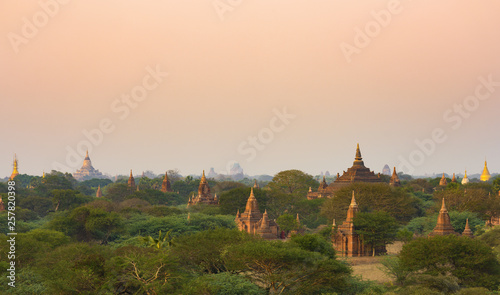 Stunning view of the beautiful Bagan ancient city (formerly Pagan) during sunset. The Bagan Archaeological Zone is a main attraction in Myanmar and over 2,200 temples and pagodas still survive today.