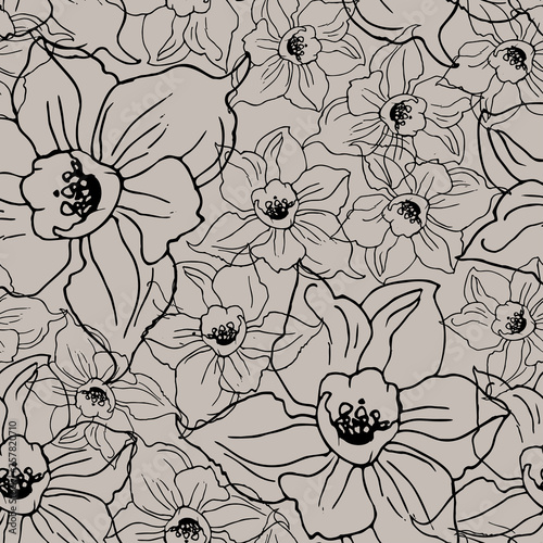 Black contour floral seamless pattern with hand drawing flowers on beige background. Hand drawn manual graphic. Design for textile  fabric  wallpaper  packaging. Vector Illustration