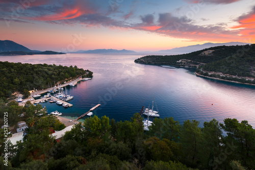 Morning view of the Spilia harbur on Meganisi island as seen from Spartochori village.