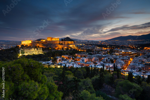 View of Acropolis from Filopappou hill at sunrise  Greece. 