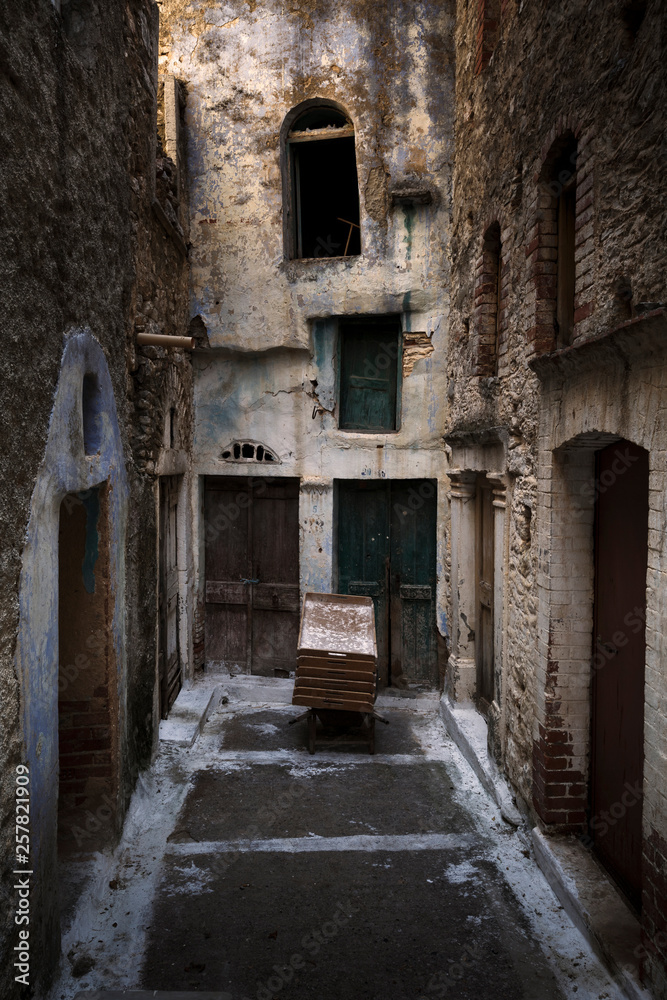 Old abandoned buildings in Pyrgi village on Chios island, Greece.