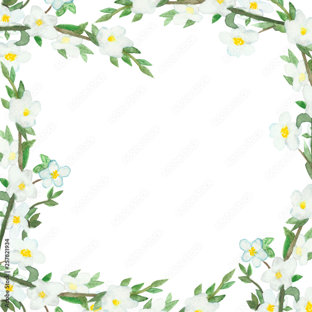 Watercolor hand painted frame with apple fruit blooming branches with white flowers with the place for text, for invitations and greeting cards Watercolor hand painted frame with apple fruit blooming branches with white flowers with the place for text, for invitations and greeting cards