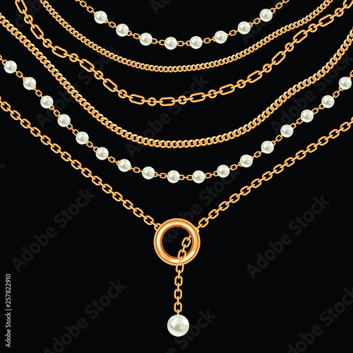 Background with pears and chains golden metallic necklace. On black