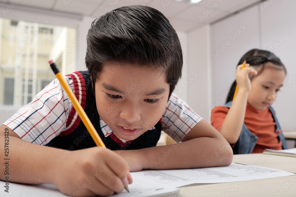 Schoolboy studying at school Schoolboy studying at school