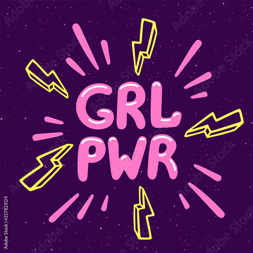 Girl power movement. Feminist slogan grl pwr on violet background. Feminist movement, protest action, girl power. Vector illustration.