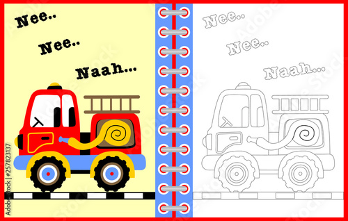 fire truck vector cartoon illustration, coloring page or book