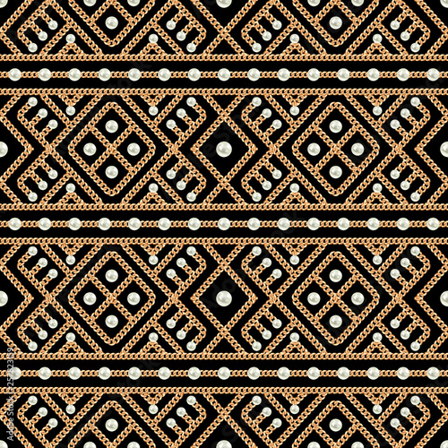 Fototapeta Seamless pattern of Gold chain geometrical ornament and pearls on black background