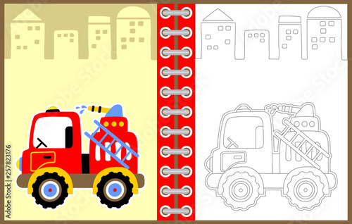 fire truck vector cartoon illustration, coloring page or book