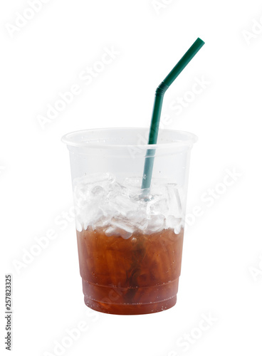 Cola in plastic cup with straw and ice isolated on white background