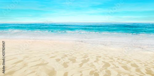 Empty sandy beach. Splashing waves on the seashore. Summer. © silvae