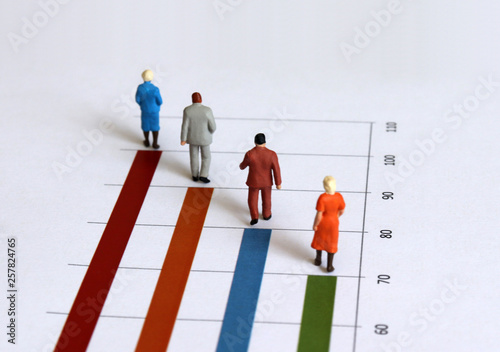 The concept of an increasing elderly population. Miniature old people walking on the bar graph. 
