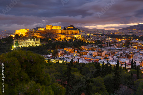 View of Acropolis from Filopappou hill at sunrise, Greece. 