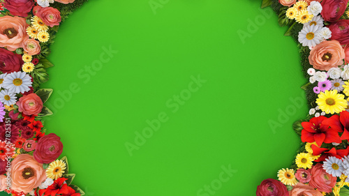 Ring of flowers on a green background.