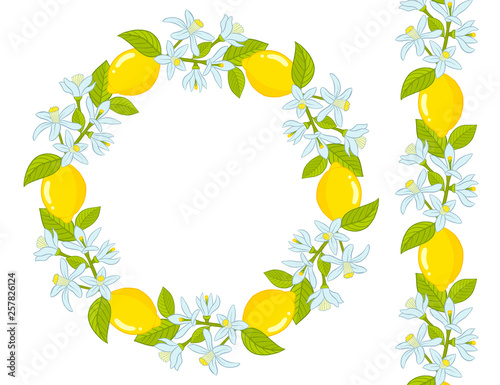 Wreath and a border of flowers and lemons.
