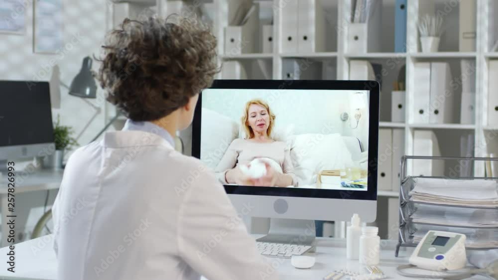 Sequence of videos with female doctor discussing treatment with ill woman lying in bed by internet connection Sequence of videos with female doctor discussing treatment with ill woman lying in bed by internet connection