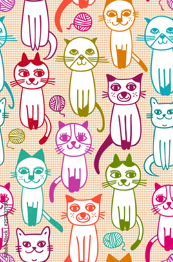 Cute cartoon cat seamless pattern - Hand drawn Vector Cute cartoon cat seamless pattern - Hand drawn Vector