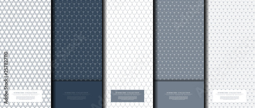 Symmetric collection abstract pattern hexagonal geometic navy background copy-space template vector