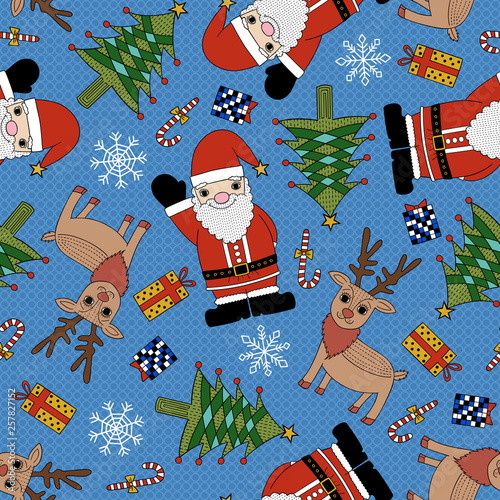 Hand drawn seamless christmas pattern with Santa Claus and Christmas tree. Cartoon style design for textile, packaging or children, baby room interior. Vector illustration.