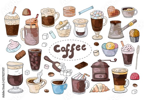 Set of hand drawn different types of coffee on the white background.