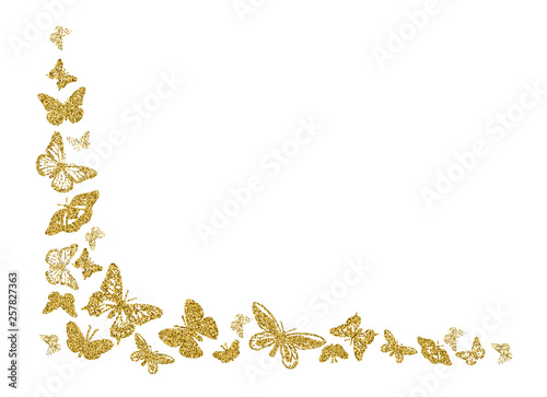 Golden glitter butterfly silhouettes kite texture in corner on white. Elegant butterflies hover theme vector in gold. Cool insect soar backdrop for invitation, fashion, luxury. Vector illustration.