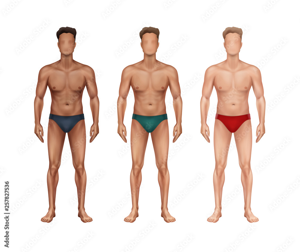Vector illustration of three standing man with different nationalities and skin types and in underwear on background Vector illustration of three standing man with different nationalities and skin types and in underwear on background
