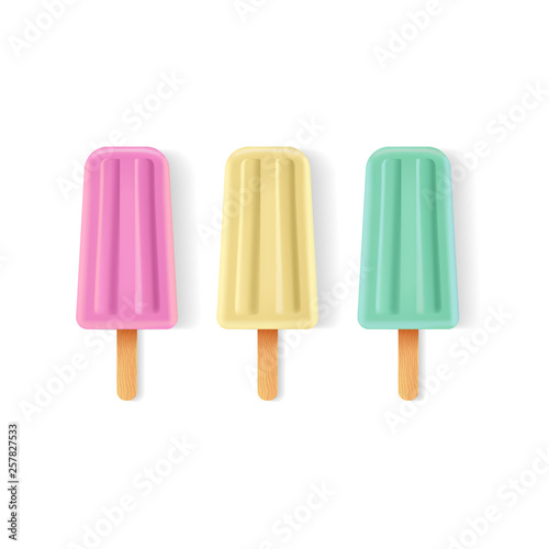 Set of realistic popsicle on white background. Vector colorful ice cream. 