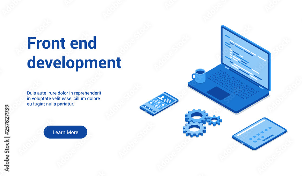Isometric landing page template for front end development. Vector illustration mock-up for website and mobile website Isometric landing page template for front end development. Vector illustration mock-up for website and mobile website
