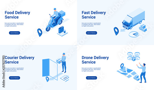 Isometric landing page templates for delivery services. Vector illustration mock-up for website and mobile website