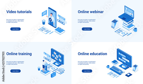 Isometric landing page templates for online education. Vector illustration mock-up for website and mobile website