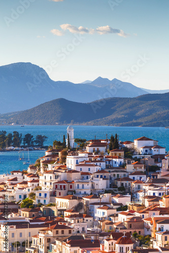 View of Poros island and mountains of Peloponnese peninsula in Greece. 