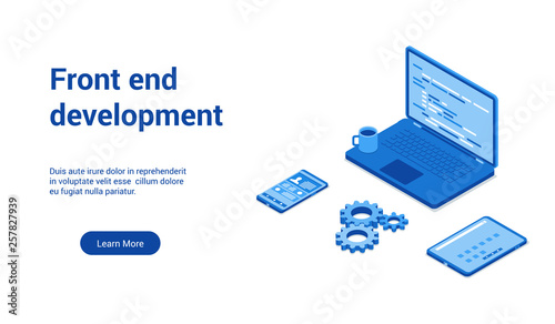 Isometric landing page template for front end development. Vector illustration mock-up for website and mobile website