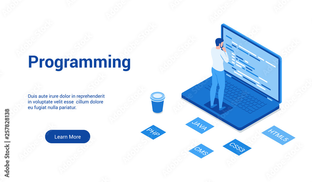 Isometric landing page template for programming. Vector illustration mock-up for website and mobile website Isometric landing page template for programming. Vector illustration mock-up for website and mobile website