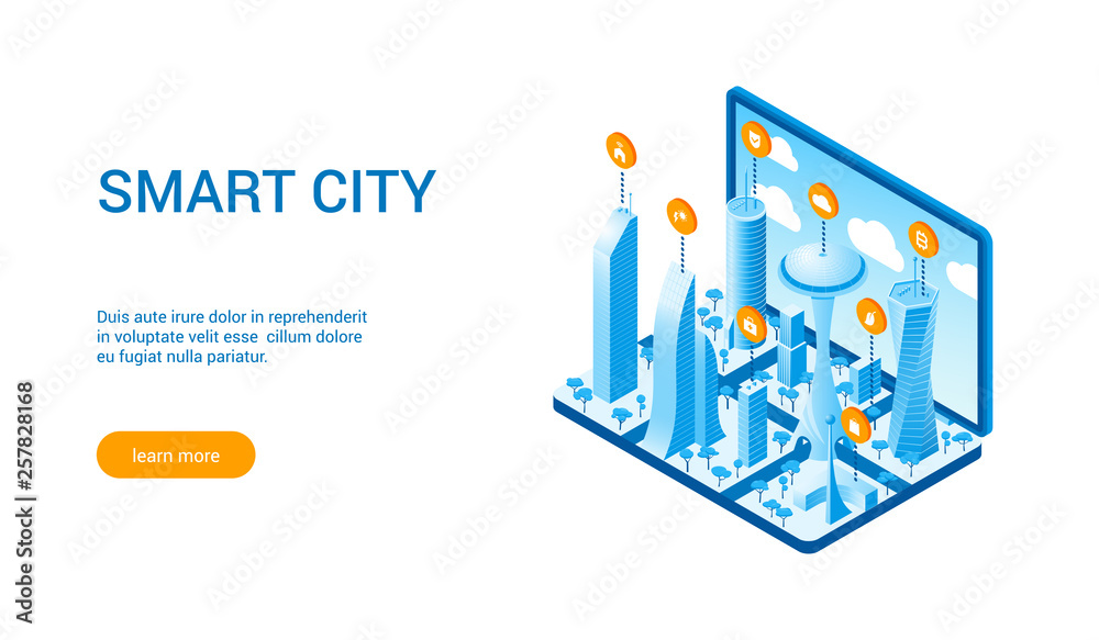 Isometric landing page template for smart cityscape. Vector illustration of city with buildings, cars and trees Isometric landing page template for smart cityscape. Vector illustration of city with buildings, cars and trees