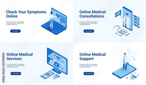 Set of isometric landing page template for online medical services, support, consultation, check symptoms online. Vector illustration mock-up for website and mobile website