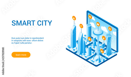 Isometric landing page template for smart cityscape. Vector illustration of city with buildings, cars and trees