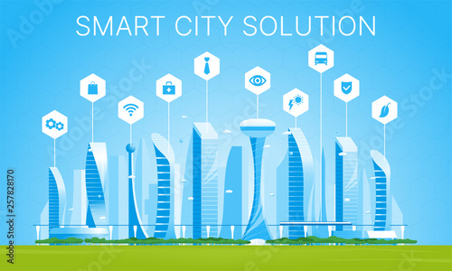 Smart city solution. Vector flat illustration of city with buildings, cars and trees