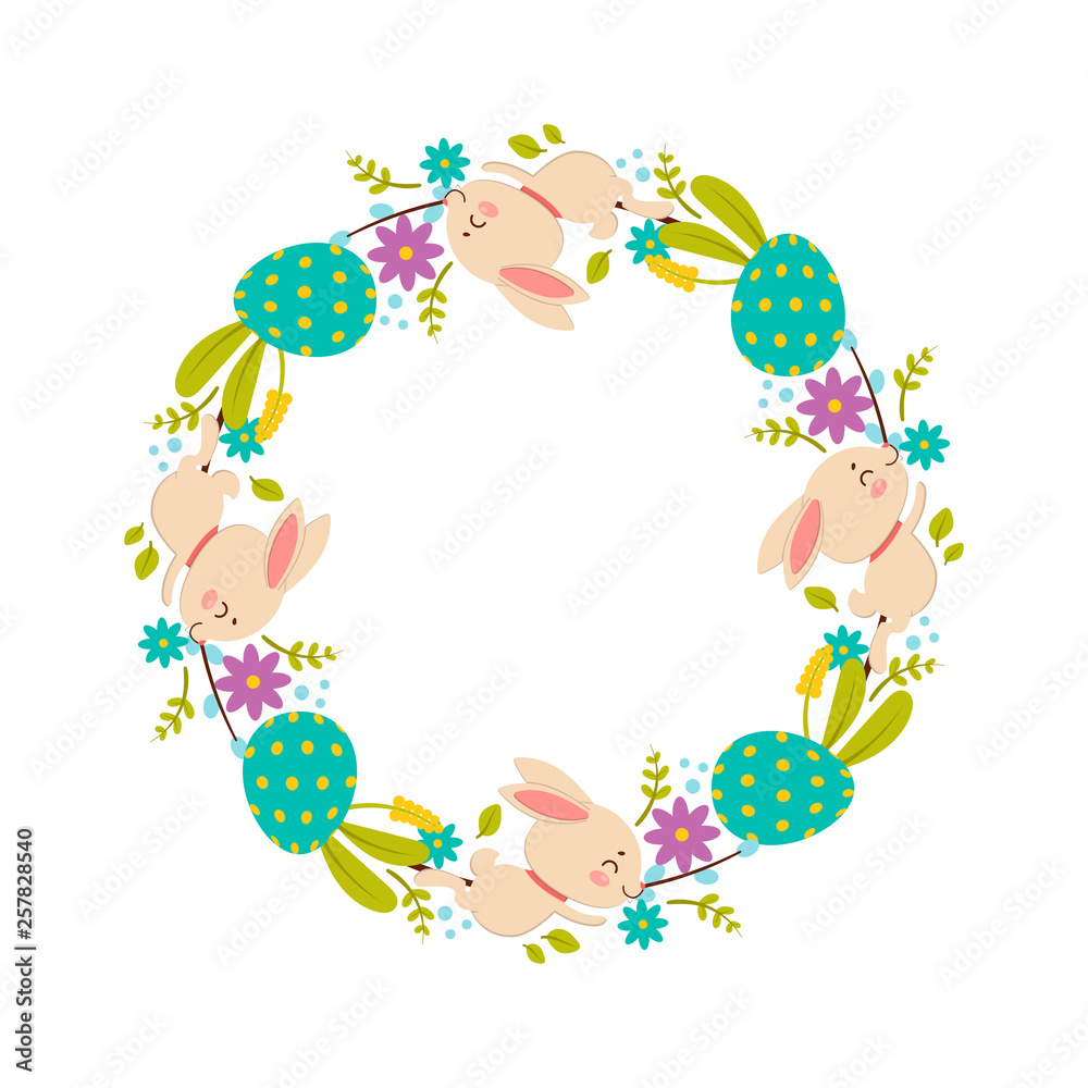 Easter wreath of flowers, colored eggs and rabbits. Isolated on white background.