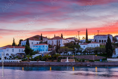 Evening view of Spetses village from the harbour pier, Greece. 