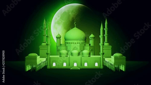 Beautiful mosque and big rotating moon on night star sky. Ramadan Kareem islamic motion background. 3d animation. photo