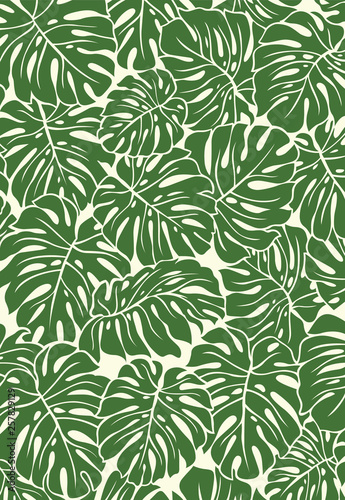 Seamless tropical green leaves pattern style, flat line vector and illustration on white background.