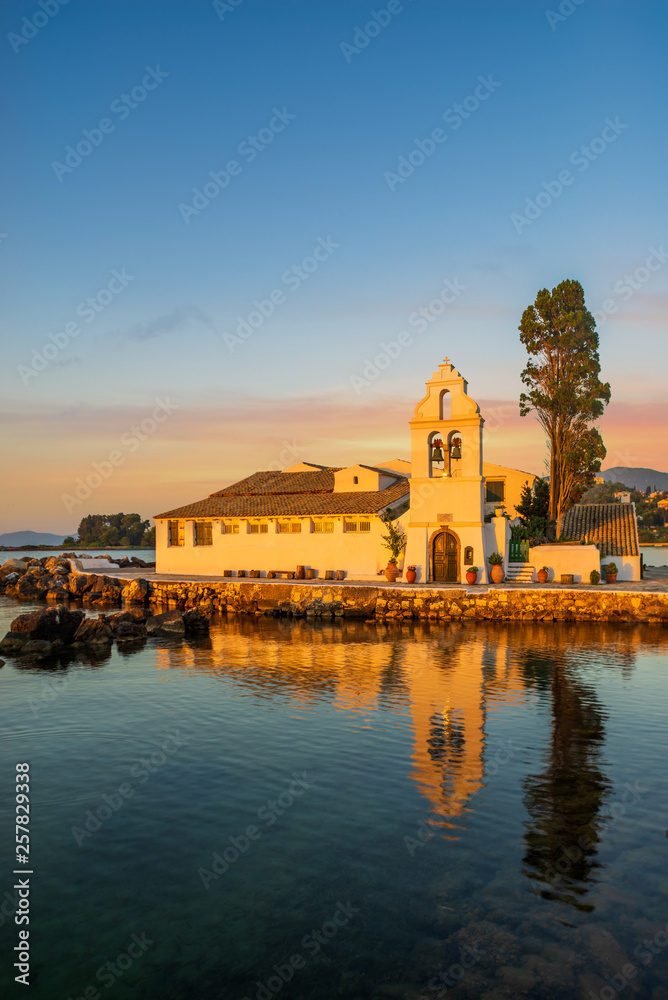 Vlacherna Monastery at sunrise on Corfu island