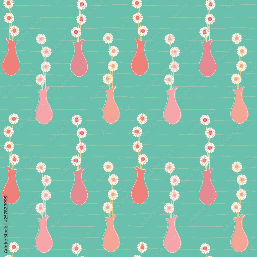 Bright bouquets of white daisies in vases. Vertical seamless vector pattern on turquoise background. Fresh vibe. Great for spa, nature, garden, organic products, home decor, packaging, stationery. Bright bouquets of white daisies in vases. Vertical seamless vector pattern on turquoise background. Fresh vibe. Great for spa, nature, garden, organic products, home decor, packaging, stationery.