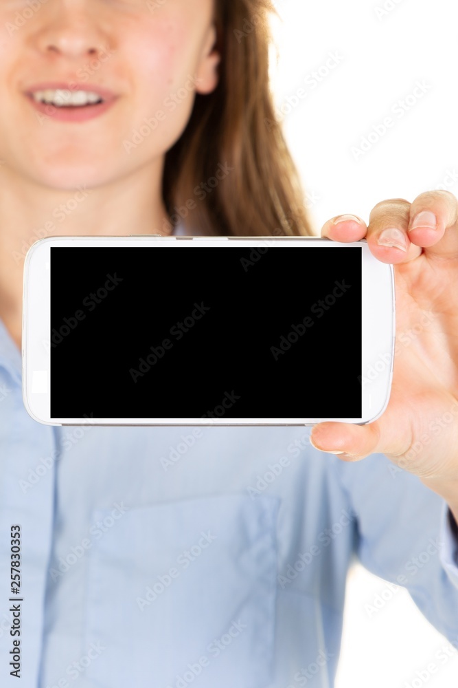 Lady showing blank smart phone screen empty Lady showing blank smart phone screen empty
